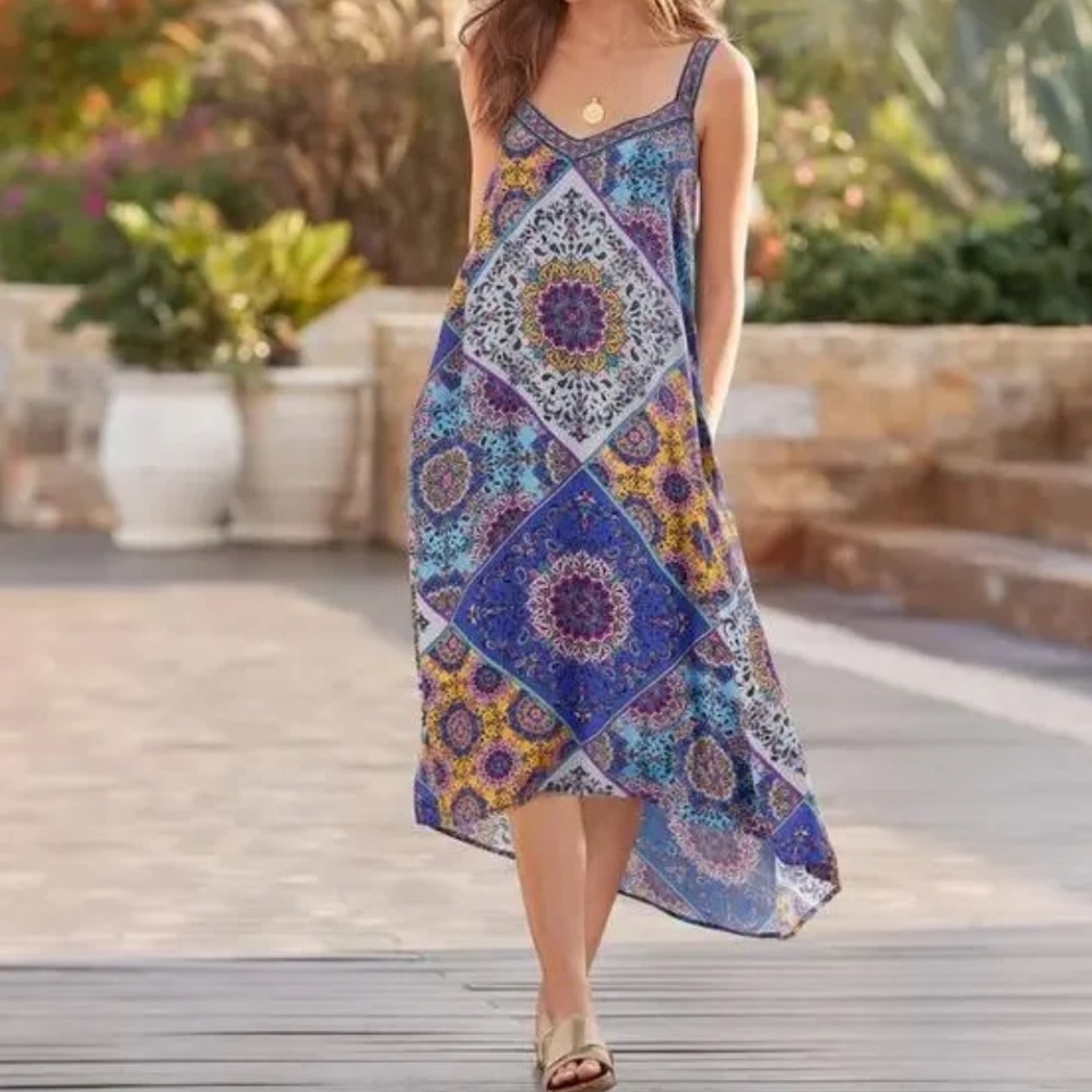 Sundance Triya Tapestry Dress Cerulean Patchwork Medallion Print POCKETS M Boho